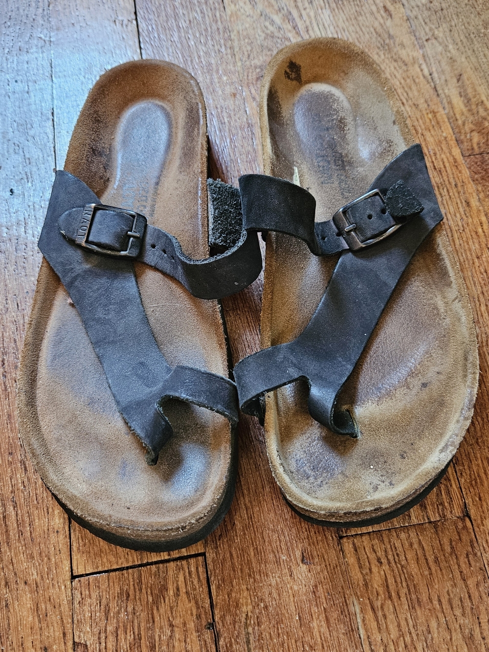 Naot Black Leather Toe-Loop Sandals with Buckle Accent